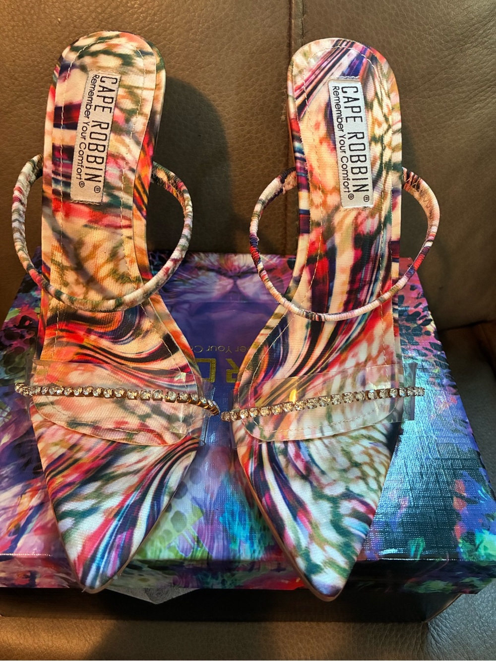 Cape Robbin Multicolor Pointed Toe Strappy Heels with Rhinestone Strap